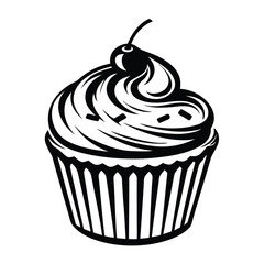Detailed Black Cupcake with Cherry Topping and Sprinkles on White Background, Dessert