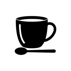 Black Filled Icon of a Mug of Coffee with a Spoon Beside It