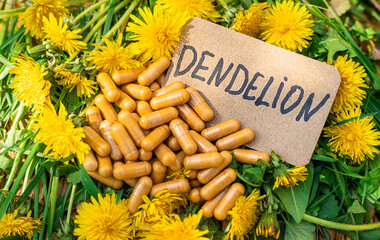 Naklejka premium Dandelion extract and homeopathic supplements. Selective focus.