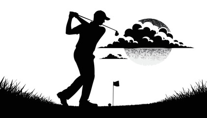 A black and white silhouette of a man playing on a golf course. Vector graphics. EPS.