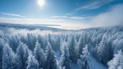 Snow Covered Forest Under Blue Sky with Sunlight