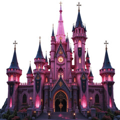 Fototapeta premium Majestic Pink Castle at Night Fairytale Architecture Illuminated Towers and Grand Entrance