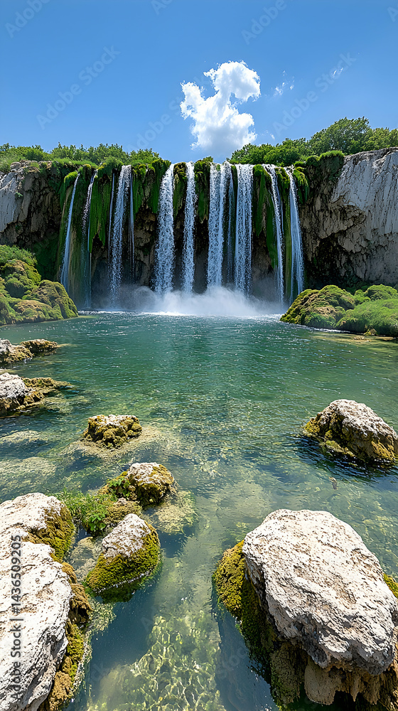Poster serene waterfall cascading into a tranquil pool surrounded by moss-covered rocks under a clear blue 