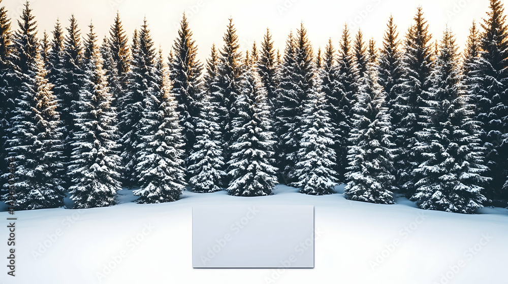 Poster snowy winter scene with a white square in the foreground and a row of snow-covered evergreen trees i