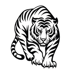 Black and White Tiger Illustration, Feline Predator, Striking Design, Bold Stripes, Eyes