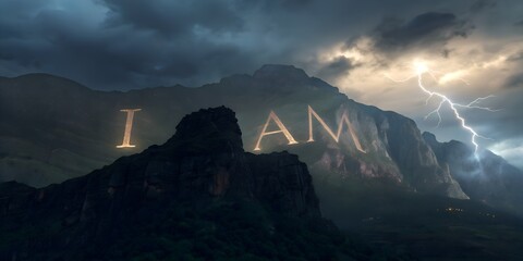 Golden I AM letters shining brightly on a towering mountain, surrounded by intense lightning strikes and dark storm clouds, capturing the essence of self-belief affirmation banner and cover