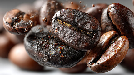 Obraz premium Close up of dark roasted coffee beans with fragrant aroma and delicate coffee particles showcasing rich flavors and inviting coffee experience