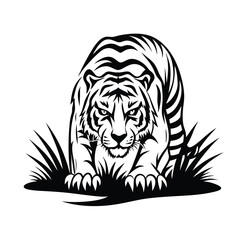 Striking Black and White Silhouette of a Tiger Prowling Through Dense Grass