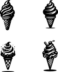 Ice cream black and white silhouette asset set in white background 
