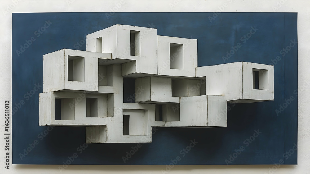 Poster abstract white geometric forms interlock against a deep blue background creating a complex three-dim