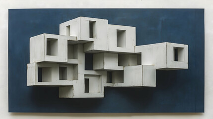 Abstract white geometric forms interlock against a deep blue background creating a complex three-dimensional structure