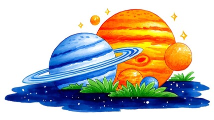 Watercolor illustration of two planets with rings and stars in a field of grass