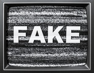 Retro tv displaying static with 'fake' text in bold