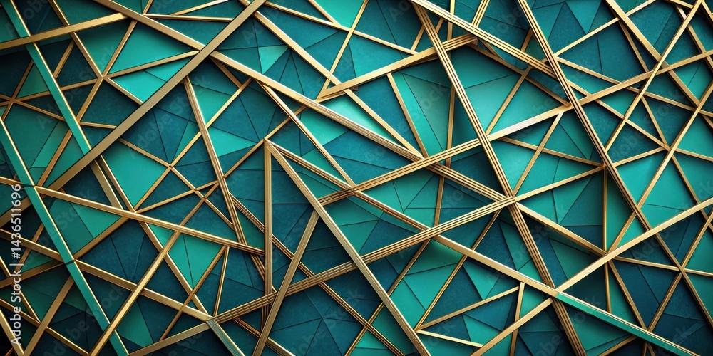 Leinwandbilder Abstract Teal and Gold Geometric Pattern Interlocking Triangles and Metallic Lines Create a Luxurious and Modern Design