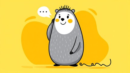 Obraz premium Cute gray cartoon creature with speech bubble, pondering