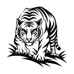 Striking Tiger Silhouette Bold Black and White Feline Prowling Through Grass Design