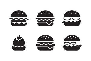 Simple Black and White Burger Icons Showing Different Stages of Assembly