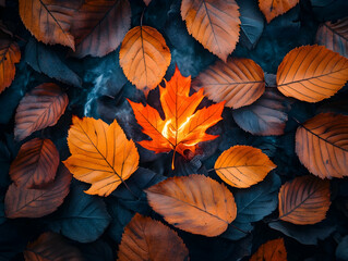Glowing autumn leaf among dark and orange leaves smoke visible