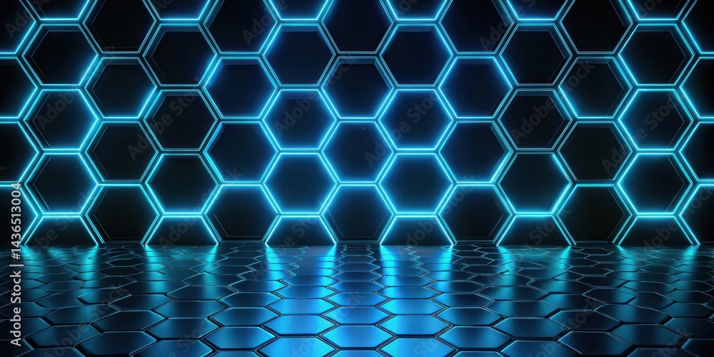 Poster Abstract Hexagonal Pattern with Glowing Blue Neon Lights on a Reflective Surface
