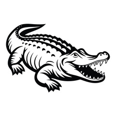 Alligator Black and White Isolated Reptile with Open Mouth & Sharp Teeth