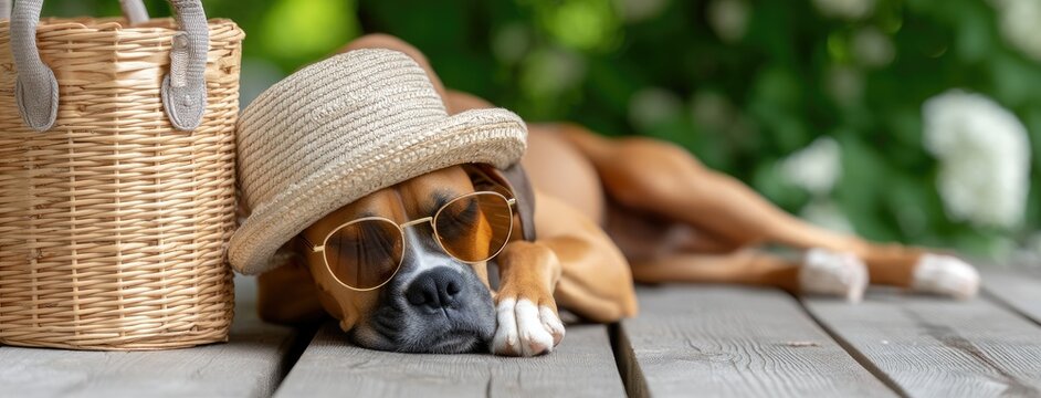 Stylish dog relaxing on wooden deck during sunny day, wearing sunglasses and a straw hat near a wicker basket