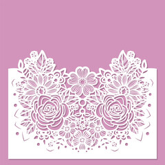 Envelope for wedding invitations. Beautiful openwork floral composition. Template for laser cutting from paper, cardboard, wood, metal. Vector