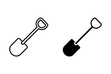 Shovel Icon Set. Spade dig soil vector symbol in a black filled and outlined style. Groundwork Tool Sign.