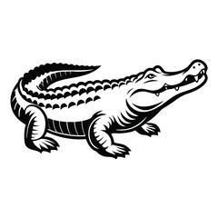 Black Silhouette of Walking Alligator, Reptile with Scales, Teeth, Eye on White Background