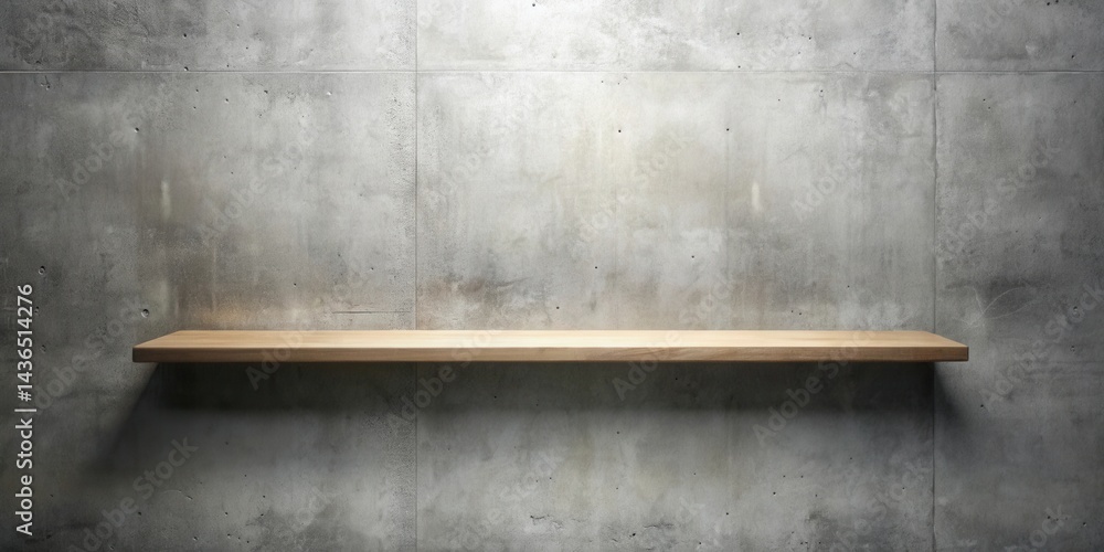 Poster a simple, elegant wooden shelf against a textured concrete wall, perfect for showcasing products or 