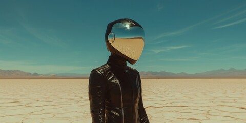 Futuristic Helmet Person Standing on Cracked Eh Desert