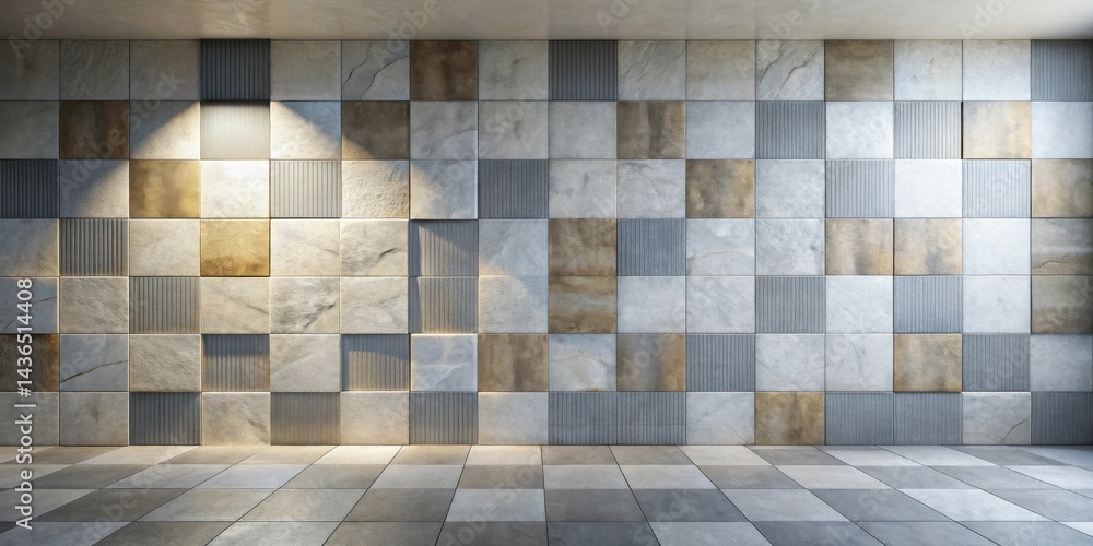 Poster modern architectural interior with a textured tile wall and floor featuring a subtle light source