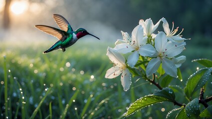 Hummingbird flying near white flower