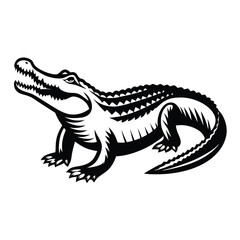 Alligator open mouth illustration, ferocious reptile, isolated monochrome animal outline drawing