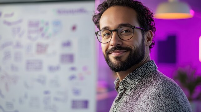 Smiling Man, Ideas on Whiteboard, Stup Business