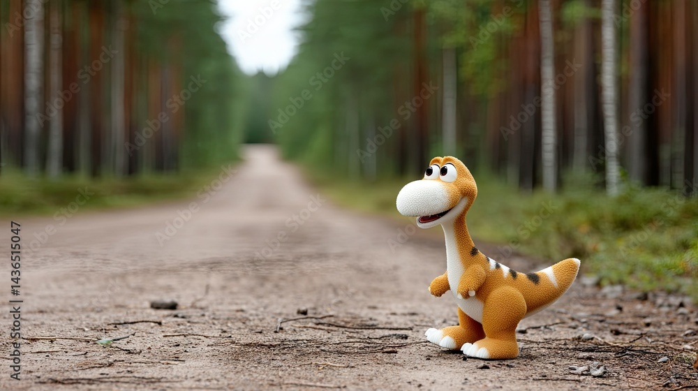 Aufkleber plush dinosaur toy stands on a dirt pathway surrounded by tall trees in a serene forest setting duri