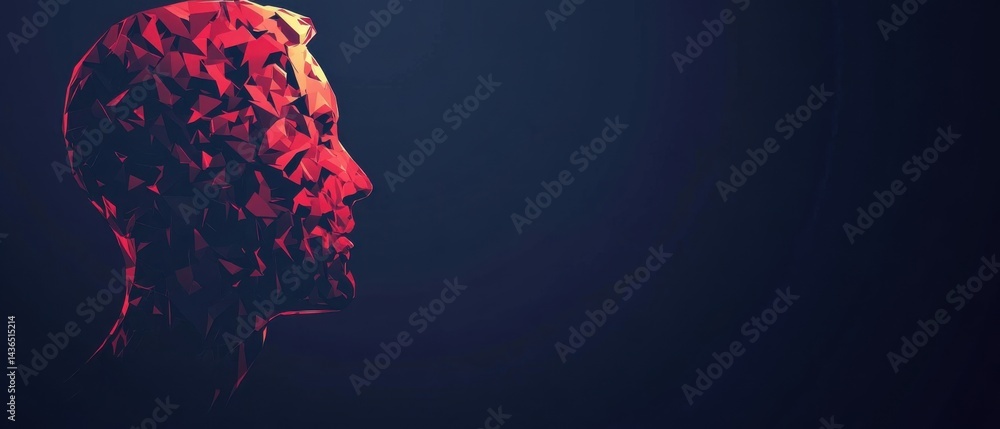 Poster abstract red polygonal head in profile on dark background concept of artificial intelligence, techno