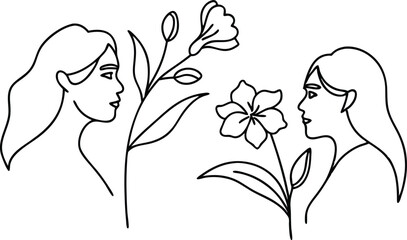 Minimalist Outline Drawing Of Women Profiles With Flowers Decorative Illustration