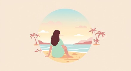 Woman Relaxing on Beach Enjoying Ocean View at Sunset