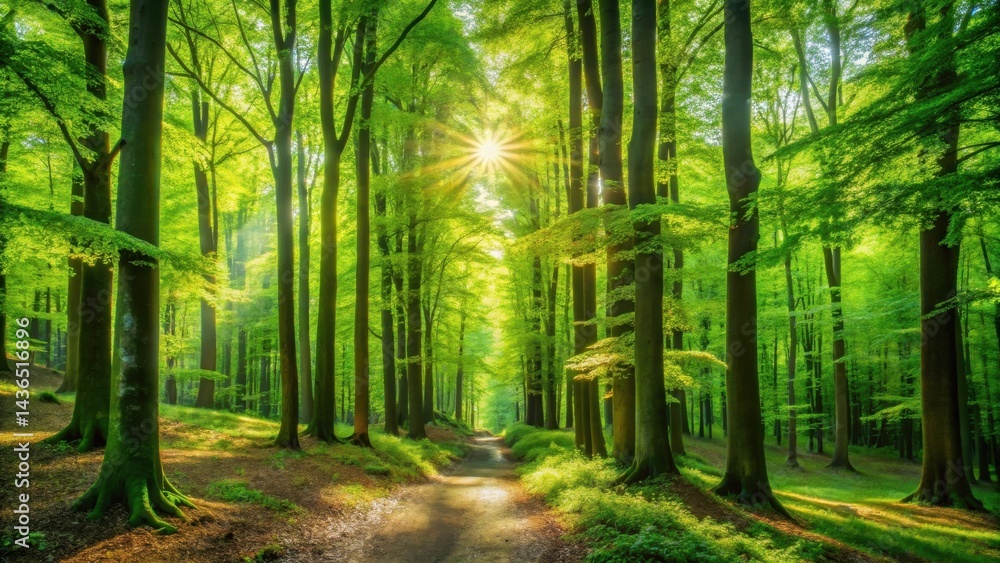 Poster sunlit path through lush green forest canopy with sunlight streaming through trees