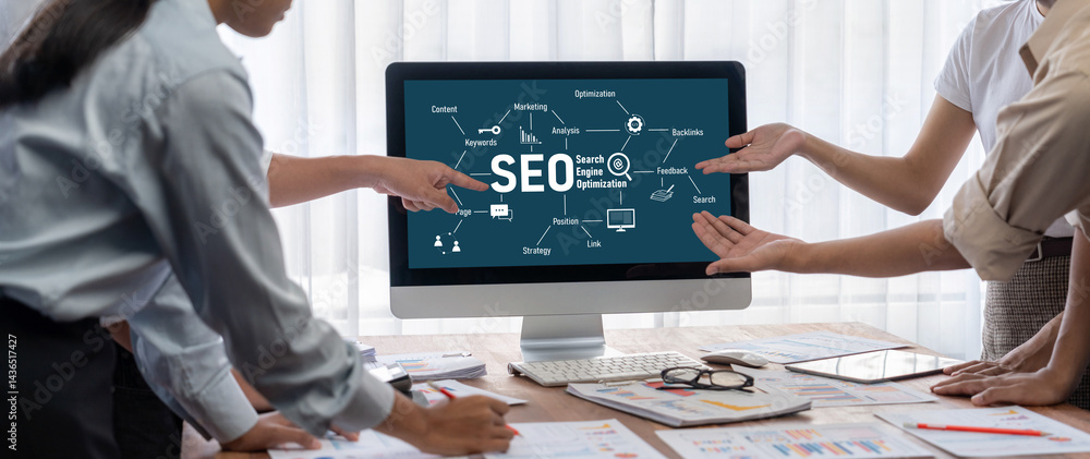 Poster SEO search engine optimization for brisk e-commerce and online retail business showing on computer screen