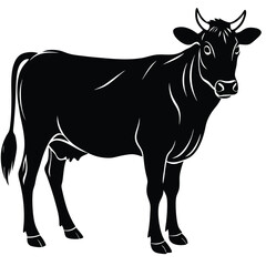 Standing Cow Silhouette, Bovine Animal Illustration, Farm Livestock, Black and White Art