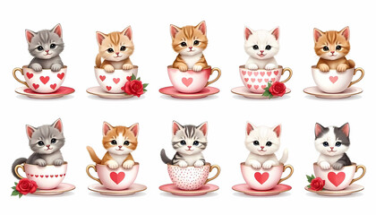 Obraz premium Nine charming kittens peep from heart-decorated teacups, a sweet and lovely scene.
