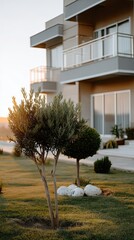 Golden light bathes a contemporary building set in a manicured garden. Neatly trimmed trees add elegance to the tranquil outdoor space just before dusk.