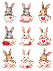 Fototapeta premium Nine charming bunny rabbits nestled inside decorated teacups, ready for Easter and celebrations.