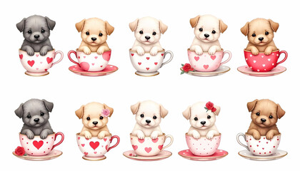 Obraz premium Cute watercolor puppies nestled in heart-decorated teacups, a sweet illustration for valentines.