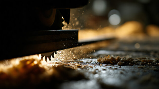 Using a circular saw to cut wood in a busy workshop