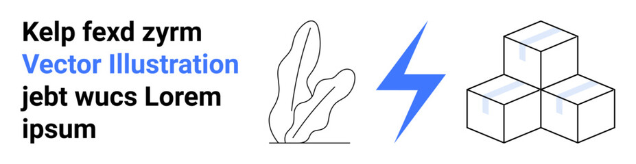 Abstract plant line art, blue lightning bolt, and stacked cubes beside modern placeholder text. Ideal for branding, minimal design, nature, energy, storage, creativity simple landing page