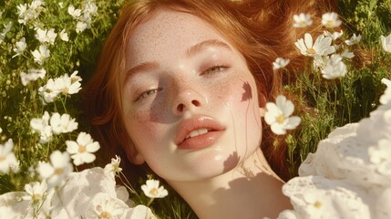 Naklejka premium Woman Laying in a Field of Flowers