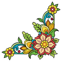 Colorful Floral Corner Design Vibrant Flowers, Leaves, and Decorative Swirls Art Element