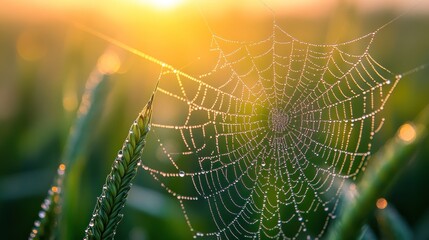 Dew covered spiderweb hangs between green plants with bright sunlight in background.